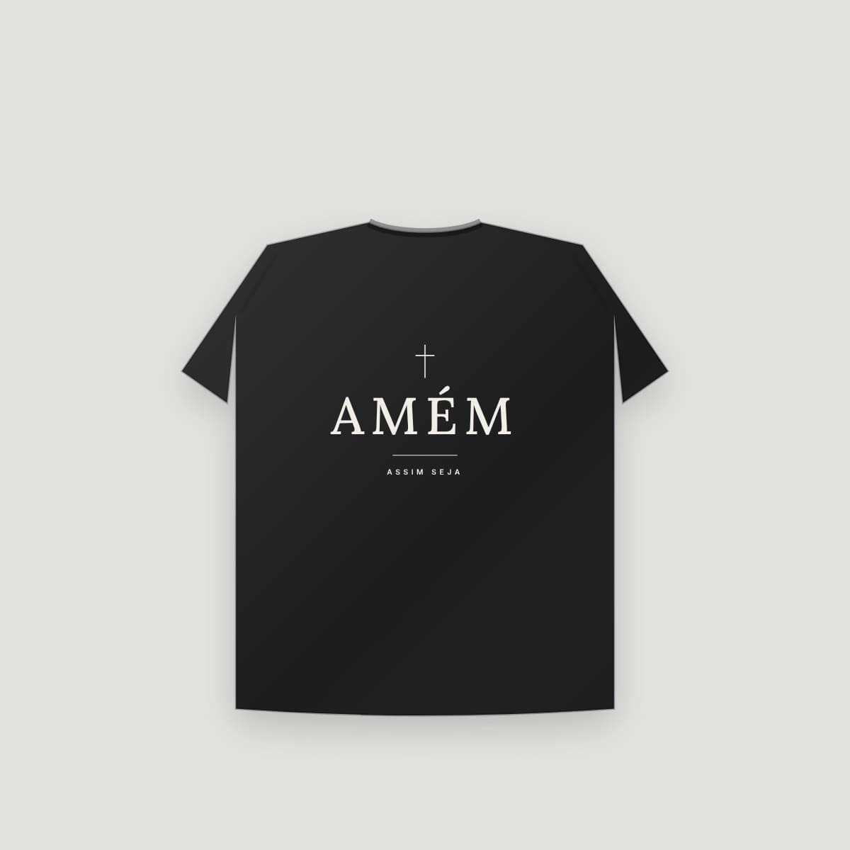 Camiseta “Amém”, modelo Infantil, costas: Cruz fina, "AMÉM" grande e "assim seja"