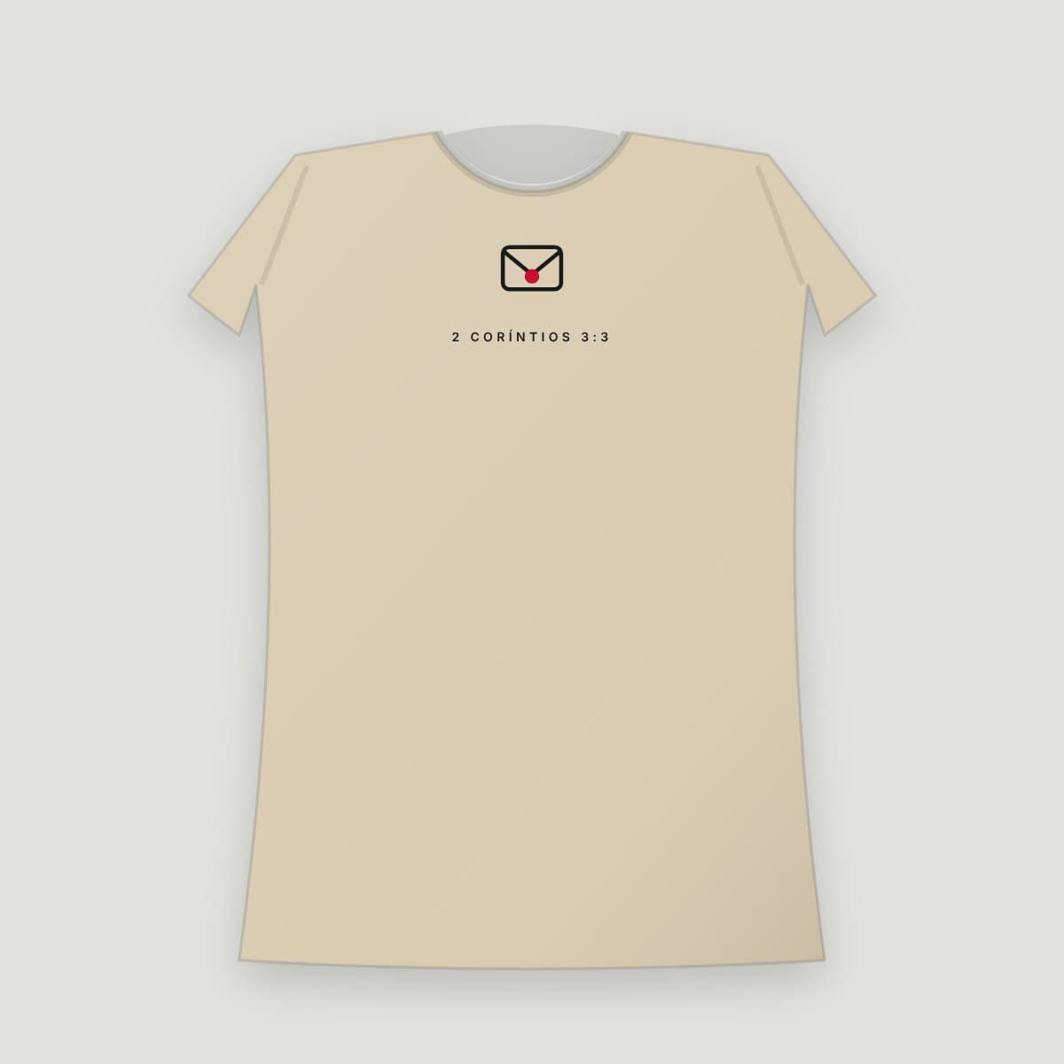 Camiseta “Carta Viva”, modelo Baby Look, frente: Envelope com lacre e "2 Coríntios 3:3"