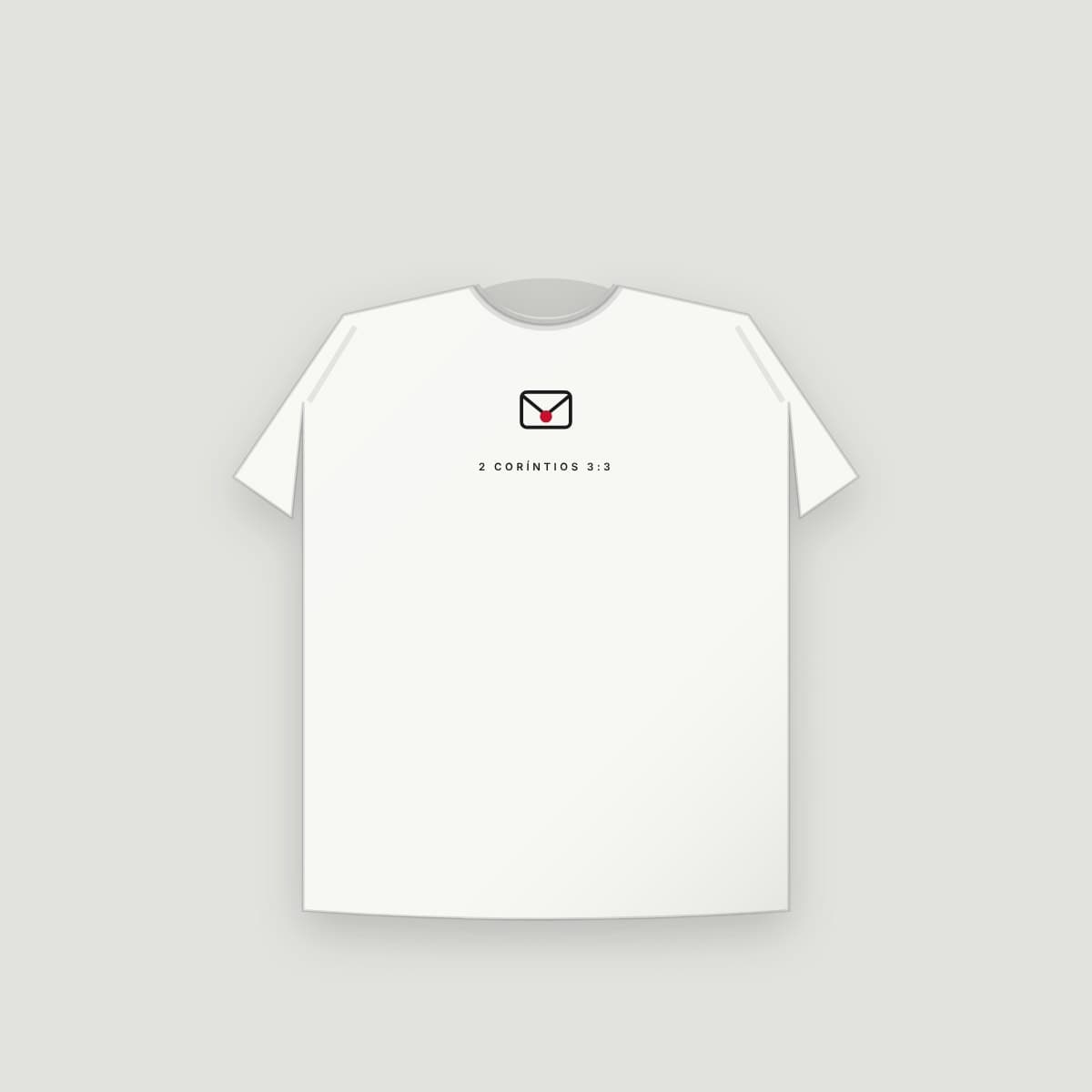 Camiseta “Carta Viva”, modelo Infantil, frente: Envelope com lacre e "2 Coríntios 3:3"