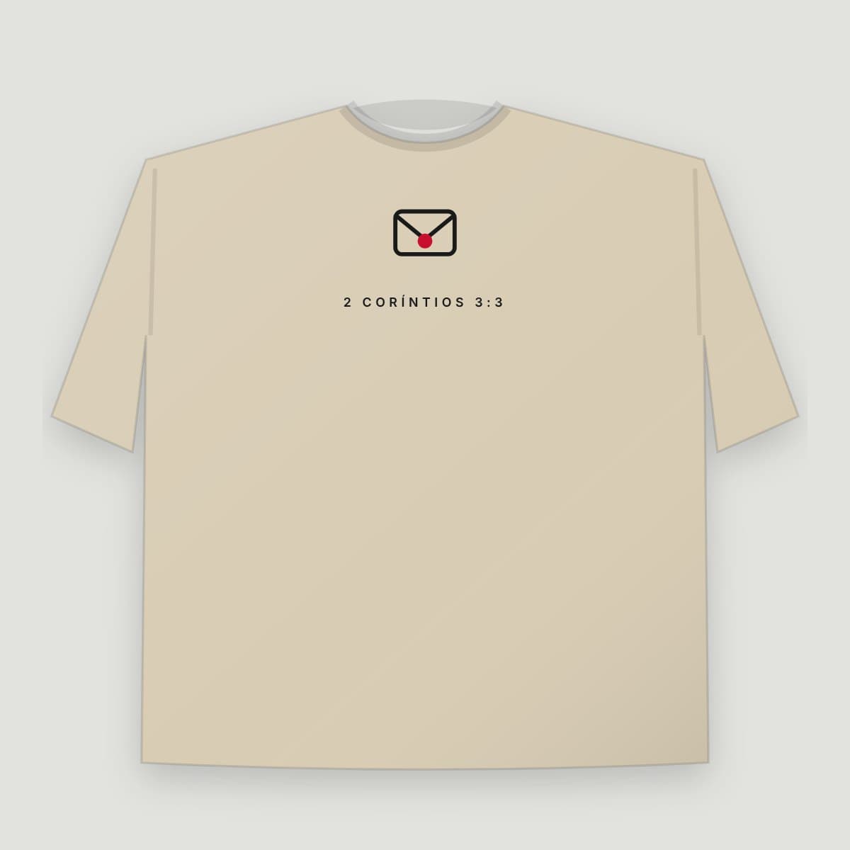Camiseta “Carta Viva”, modelo Oversized Premium, frente: Envelope com lacre e "2 Coríntios 3:3"