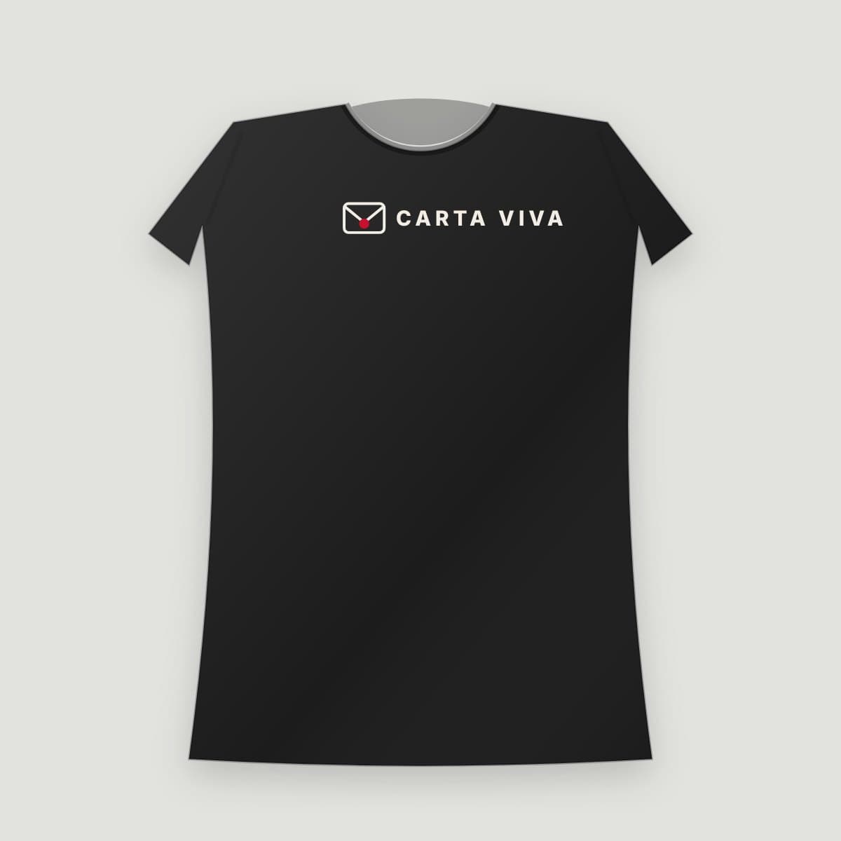 Camiseta “Carta Viva logo”, modelo Baby Look, frente: Logo: envelope e "CARTA VIVA"