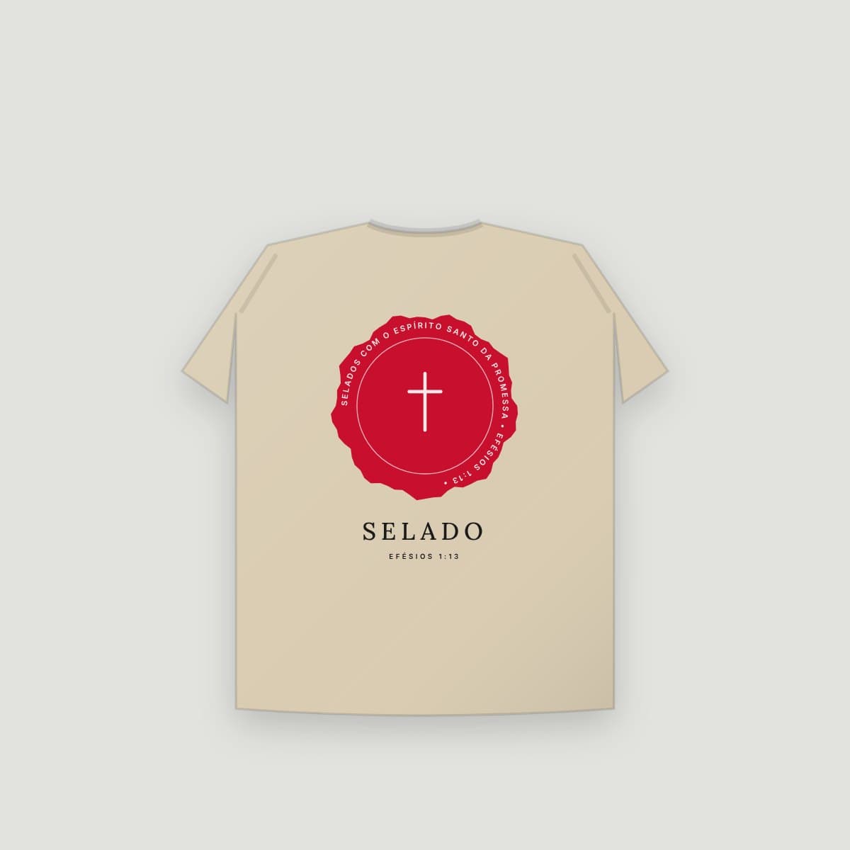Camiseta “Selado”, modelo Infantil, costas: Lacre de cera vermelho com o versículo em volta e a cruz no centro
