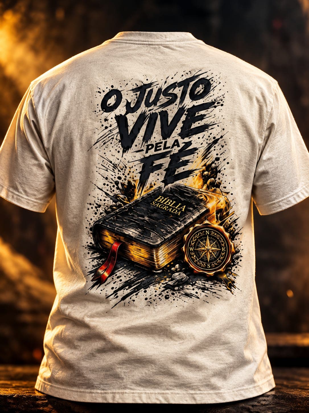 Costas da camiseta off-white “O justo vive pela fé”, com a ilustração de uma Bíblia