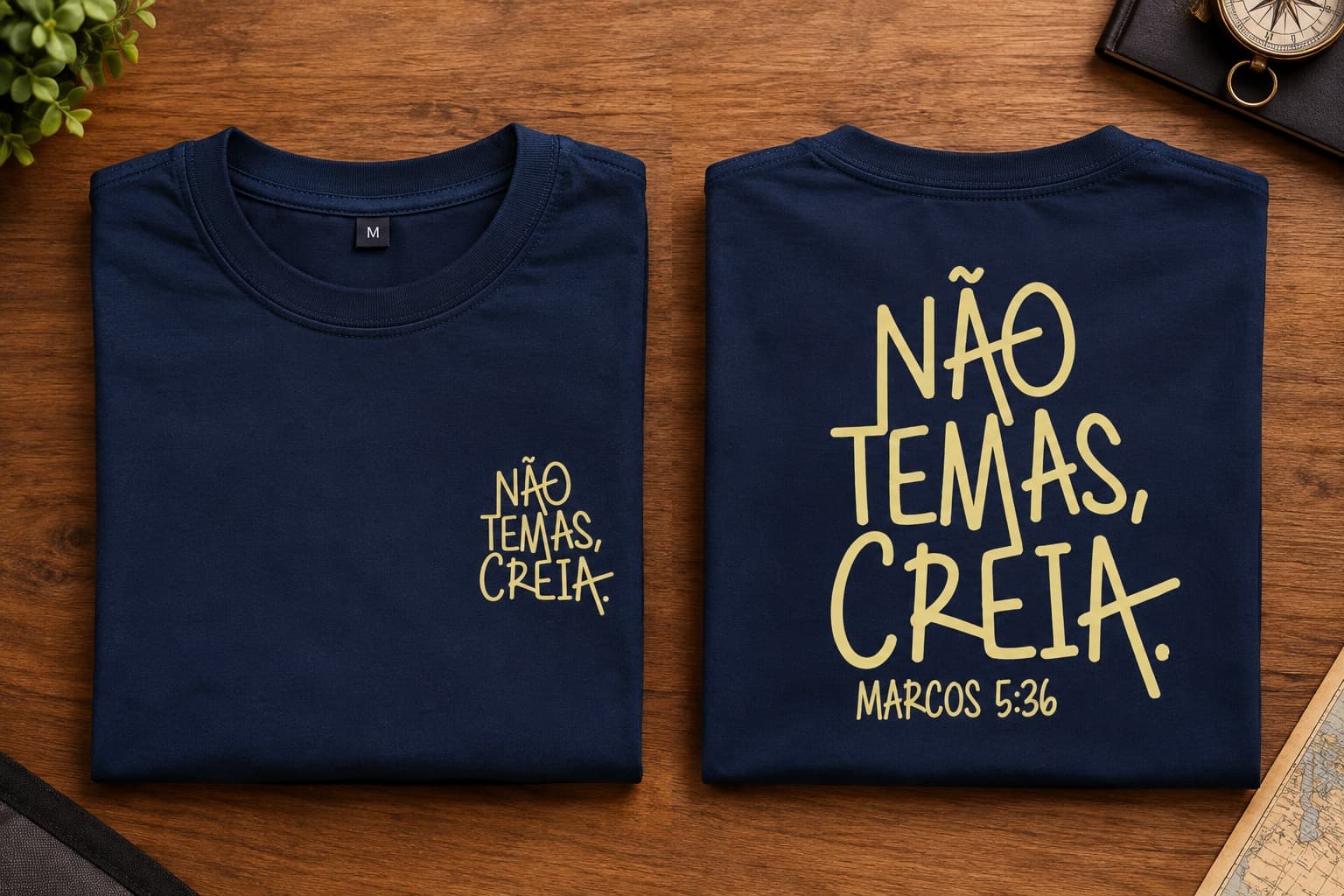 Camiseta “Não temas, creia” dobrada, mostrando a frente e as costas